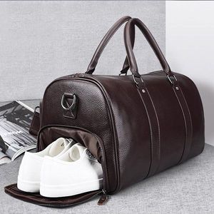 Leather Weekender Duffle Bag With Shoe Compartment Zipper Closure <b>Soft</b> Handle Unisex Travel 36-55L Capacity - Product Image 1