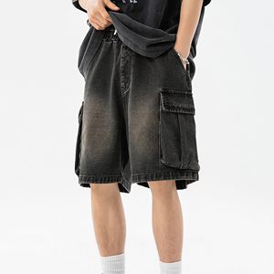 Pantalones Cortos Cargo para Hombre, Cintura Elástica, Estilo Bermuda de Mezclilla Lavada, Color Sólido Informal, Diseño con Bolsillos, Tela de Algodón Transpirable - Product Image 2