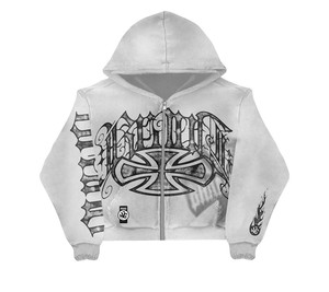 Sudadera con capucha personalizada con logo para hombre, estampado digital, con pedrería, corta, de forro polar grueso, talla grande, unisex, con lavado ácido. - Product Image 5