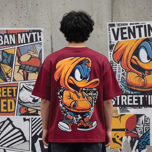 Men's Black Short Sleeve T-Shirt With Duck Character Print Street Style Hoodie Design <b>Back</b> Logo Regular Fit Cotton Jersey - Product Image 5