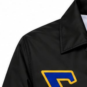 <b>Black</b> Gold Blue Greek Letter Embroidered Coach Jacket Custom Crest Button Up <b>Windbreaker</b> with Ribbed Cuffs Drawstring Hem - Product Image 3