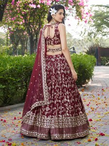 Burgundy Embroidered <b>Lehenga</b> Set Wedding Dress Two Piece Floral Border Dupatta Banarasi Style Bride Outfit - Product Image 2