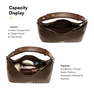 Sac à main Rosella en cuir synthétique tissé pour femme avec bandoulière réglable, fermeture éclair, doublure en satin imperméable, idéal pour les sorties décontractées et le shopping - Product Image 4