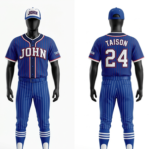 Mens baseball uniform premium 175 GSM polyester fabric breathable blue <b>red</b> <b>striped</b> panels custom tackle twill logo design - Product Image 1