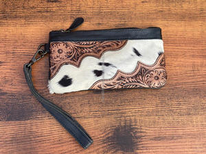 Portefeuille en cuir véritable fait à la main pour femmes, pochette à fermeture éclair en cuir véritable, pochette florale peinte à la main - Product Image 2