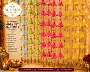 Décorations suspendues artisanales indiennes en filet Gota avec pompons pour mariage, Haldi, Mehendi, Diwali, temple domestique, toile de fond festive, Gota coloré - Product Image 2