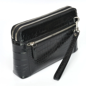 Pochette Homme en Cuir de Vachette Noir Gaufré Croco avec Fermeture Éclair, Dragonne et Logo Personnalisé, Grande Taille, Respirante - Product Image 5
