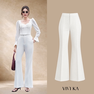 Pantalon large évasé taille haute blanc pour femme, coupe ajustée, élégant, pour le bureau ou décontracté, en polyester et élasthanne ALVA - Product Image 1