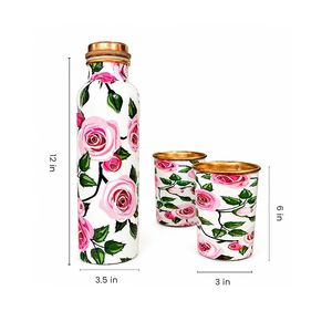 Rose floral copper bottle Copper bottle with <b>glasses</b> Handicraft copper drinkware Floral design copper set - Product Image 5