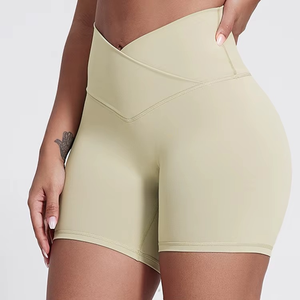 Women High Waist Solid Color Knitted Sporty Shorts Breathable Elastic Waist Spandex Nylon Material - Product Image 1