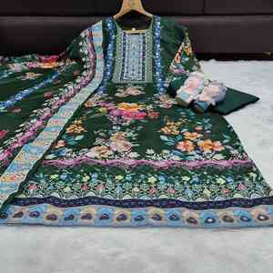 Traje de Muselina de 3 Piezas de Alta Calidad, Estampados Florales Vibrantes, Traje Salwar con Dupatta, Anarkali, Kurta, Pantalón y Vestido Largo - Product Image 4