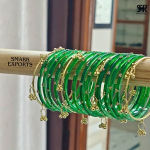 Luxury Handmade Emerald Green Kashmiri Bangle Set with Ghungroo Traditional Bridal Jewelry Gold Plated 16-Piece for Women - Product Image 3