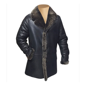 Men's <b>Black</b> Genuine Leather Shearling Overcoat <b>With</b> <b>Fur</b> <b>Collar</b> Lapel Single Breasted Thick Winter Long <b>Coat</b> - Product Image 1