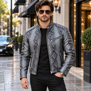 Mens Embossed Silk Lining Breathable Winter Python Print Genuine Leather <b>Biker</b> <b>Jacket</b> - Product Image 1