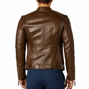 Unisex <b>Brown</b> Genuine <b>Leather</b> Waterproof High Street Moto <b>Jacket</b> Stand Collar Zipper Closure Slim Fit Autumn Style Solid Color - Product Image 4