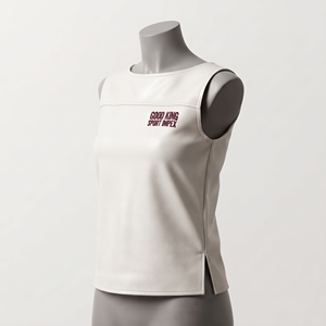 Blusa sin mangas de cuero blanco puro para mujer, cuello asimétrico, corte recto, con aberturas laterales y dobladillo con logo bordado en color granate. - Product Image 3