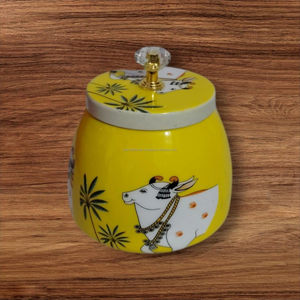 Tarro de almacenamiento decorativo con tapa y pomo, con estampado de vaca Pichwai indio en esmalte, al por mayor - Product Image 6