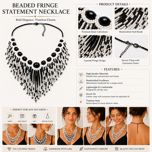 Handmade Black White Beaded Fringe <b>Statement</b> <b>Necklace</b> with Seed Beads Resin Cabochons Adjustable Chain for Women Emotion Party - Product Image 5