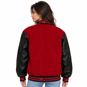 Chaqueta Varsity Roja Unisex con Mangas de PU Negro, Terciopelo Transpirable, Diseño de Bloques de Color Invernal, Cuello Alto, Logotipo Frontal, Ropa Casual Urbana - Product Image 2