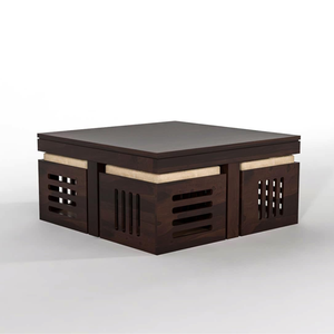 Table basse en bois avec 4 tabourets, meubles de bureau à domicile, table en bois pour salon, ensemble de table centrale, finition teck naturel - Product Image 2