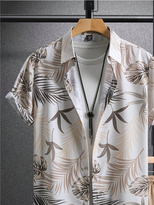Conjunto de Camisa y Pantalones Cortos Casuales de Verano para Hombre, 100% Algodón Transpirable, con Estampado de Hojas de Coco - Product Image 2