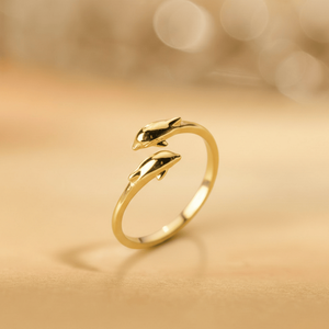 Hallmark Silver Gold Plated <b>Couple</b> Dolphin <b>Ring</b> with Diamond Pave Setting - Product Image 1