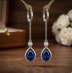 Designer Blue Hydro <b>Earrings</b> 6 Inch <b>Long</b> Pear Shape with CZ 925 Sterling <b>Silver</b> 18K Gold Plated Statement Jewelry - Product Image 4