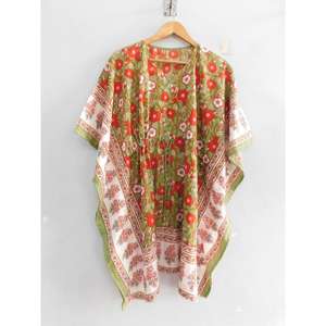 Túnica Kaftan de Algodón Hecha a Mano, Estampado Boho, Cuello en V, Manga Murciélago, Corte Regular, Largo Mini, Lavable, para Uso Diario en Verano, para Mujer - Product Image 2