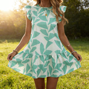 Vente flash sur Temu : Robe courte à volants pour femme, imprimé feuilles vertes, décontractée, ample, fluide, pour l'été, avec manches courtes à volants, pour la plage - Product Image 6