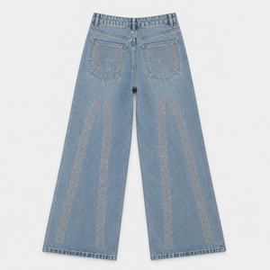 Jean en denim de coton taille haute à jambe large pour femme, orné de strass, crânes et roses, style vintage délavé, pantalon streetwear décontracté - Product Image 3