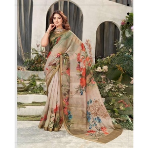Sari Tradicional de Algodón con Estampado Digital y Blusa Sin Coser Color Oliva - Product Image 1