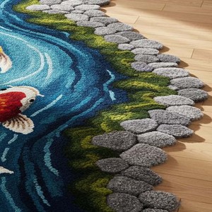 Designer Koi Fish River <b>Runner</b> Wool <b>Rug</b> Long Artistic Hallway Tufted Carpet Flowing Water Pattern Decorative Luxury Floor Mat - Product Image 2