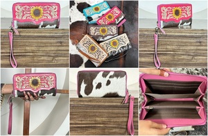 Premium Hand <b>Tooled</b> Cowhide <b>Leather</b> Wallet with Sunflower <b>Tooled</b> Design Zip Around Wristlet for Women Durable Clutch for Women's - Product Image 3