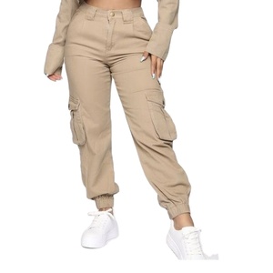 Pantalones cargo holgados de tiro alto de sarga informales personalizados para mujer con precios al por mayor, proveedor de bolsillos de BD - Product Image 1