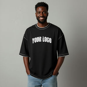 Men Oversized Black T Shirt Heavyweight Streetwear Custom Logo Contrast Stitch Oversized Tee Premium Quality Boxy Fit Heavy Cott - Product Image 2