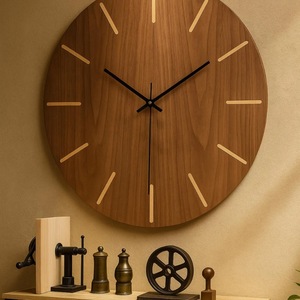 Horloge murale ronde en bois, design géométrique abstrait, quartz silencieux, style rustique, décoration de salon - Product Image 5