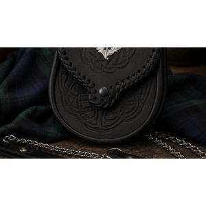Pochette écossaise Sporran en cuir véritable noir de qualité supérieure, motif de tournesol celtique gaufré, bord tressé, sangle à chaîne, traditionnelle - Product Image 2