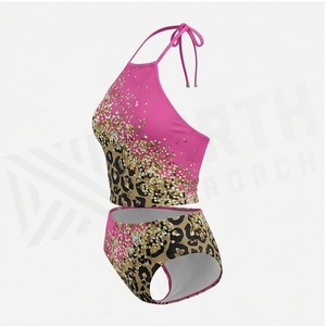 Ensemble bikini 2 pièces imprimé léopard rose avec haut dos nu à paillettes et bas taille haute, maillot de bain pour femme - Product Image 3