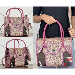 Bolso Tote de Cuero Genuino Rosa Estilo Vintage con Diseño Floral Grabado para Mujer, Bandolera de Hombro, Bolso de Viaje - Product Image 1