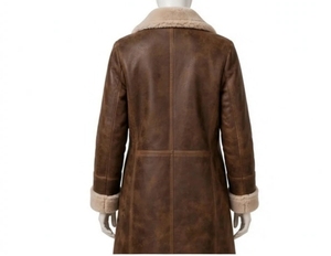 Women's Brown <b>Leather</b> Long <b>Coat</b> Full Sleeve With Fur Trim Button Closure - Product Image 5