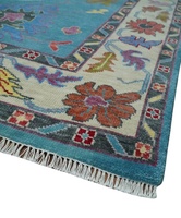 Tapis persan Oushak élégant bleu clair noué à la main, abstrait, en laine/soie, 1 pièce, adapté aux animaux domestiques, antidérapant, très durable, pour salon