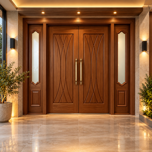 Porte d'entrée extérieure de luxe GA-50L en bois massif avec panneau latéral, design incurvé à rainures, pour villa moderne, qualité durable - Product Image 1