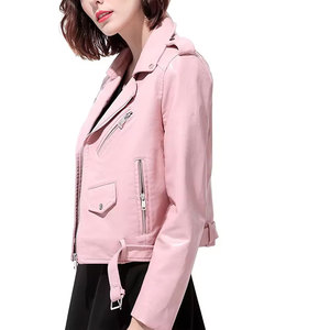 <b>Pink</b> Genuine Leather Eco-Friendly <b>Waterproof</b> Varsity <b>Jacket</b> Women's Stand Collar Zipper Closure Full Sleeve Autumn Style Belt - Product Image 6