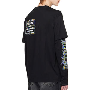 Camiseta de manga larga negra oversize para hombre con diseño de letras estampadas en foil, estilo streetwear, cuello redondo, corte jersey. - Product Image 2