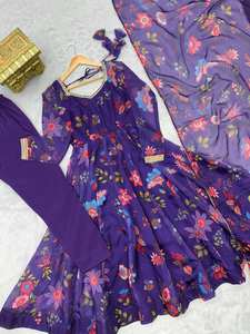 Ensemble de robe Anarkali élégante pour femmes en organza Fendy, avec dupatta, style de fête, toutes saisons, imprimé floral, extensible, réversible, broderie - Product Image 6