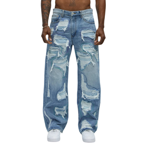 <b>Mens</b> Light Blue Distressed Denim <b>Jeans</b> Regular Fit <b>Ripped</b> Solid Destroy Wash Streetwear Casual Winter Breathable Quick Dry Pants - Product Image 1