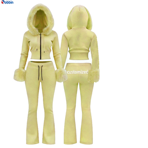 Conjunto de 2 Piezas Personalizado para Mujer, Sudadera con Capucha y Pantalones Deportivos, Cuello de Piel, Algodón 360g, Chándal de Invierno, Logotipo Personalizado con Pedrería - Product Image 5