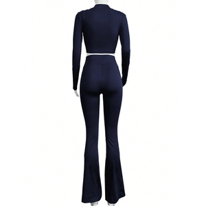 <b>Women's</b> Navy Blue Long Sleeve V-Neck Crop Top High Waist Skinny Leggings Set Tummy Control Shapewear <b>Sexy</b> Clubwear By Twin City - Product Image 2