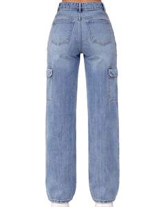 กางเกงยีนส์เดนิมทรงคาร์โก้สีฟ้าอ่อนเอวสูงทรงขากว้างมีกระเป๋าปะ สไตล์สตรีทลำลองสำหรับผู้หญิง ทรงหลวม รับผลิตแบบ OEM ตามสั่ง - Product Image 3