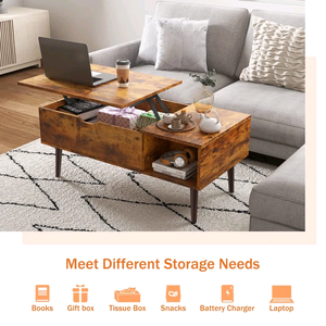 Modern <b>Vintage</b> Rustic Wooden Lift-Top Coffee <b>Table</b> with Hidden Storage and Open <b>Side</b> Shelf for Living Room Apartment - Product Image 3